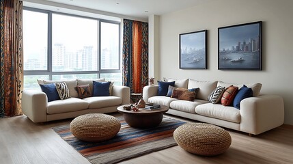 Modern living room featuring comfortable sofas, decorative pillows, and artistic wall hangings.