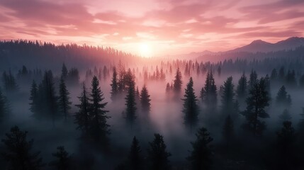 Obraz premium A serene forest landscape at dawn, shrouded in mist with soft pink and purple hues illuminating the sky.