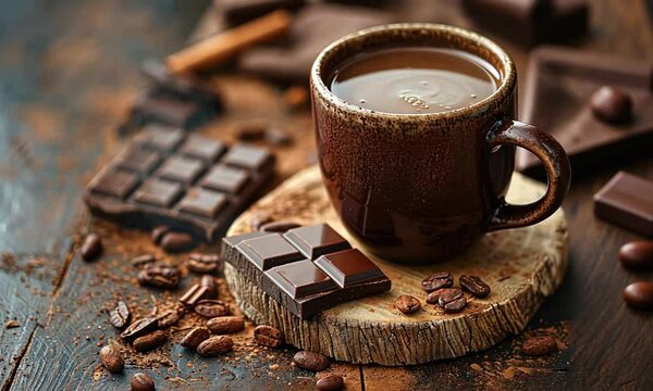 Hot chocolate in a mug with chocolate squares, cocoa powder and coffee beans.