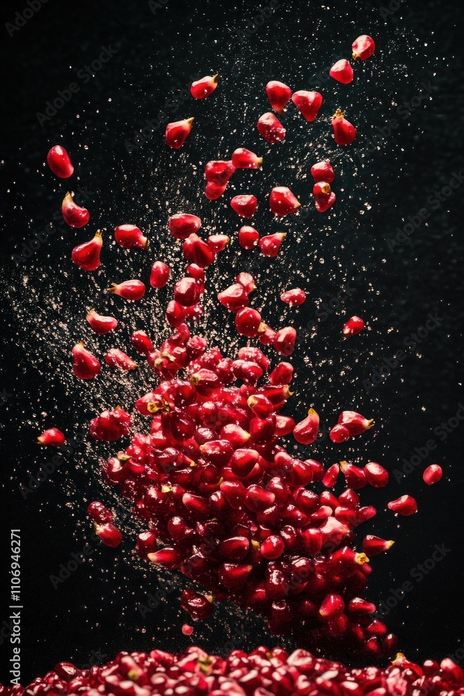 Poster a dynamic splash of red fruits creating a vibrant visual effect against a dark background.