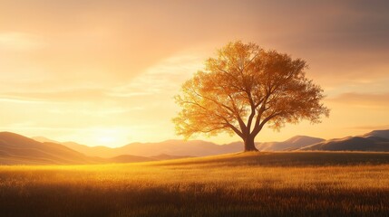 Obraz premium Golden Sunset Landscape with Solitary Tree on Rolling Hills and Sunlit Grass Fields 