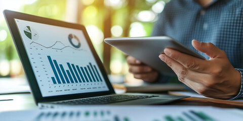 A close-up of a businessperson reviewing financial reports or charts on a laptop, tablet, or paper documents. The focus is on their hands as they analyze data.