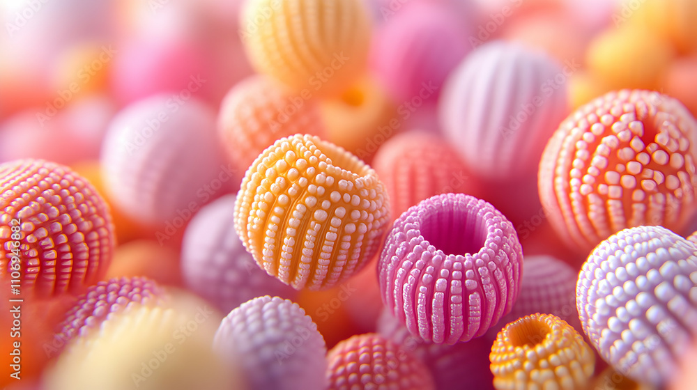 Poster abstract background, pastel-colored spherical forms with intricate textured surfaces, creating a dre