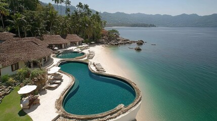Fototapeta premium Secluded Beachside Resort with Infinity Pool and Lush Tropical Vegetation