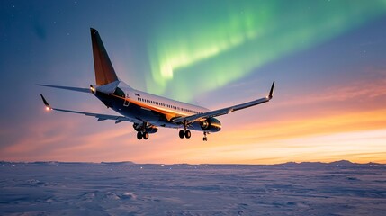 Naklejka premium A stunning plane flies beneath the aurora borealis at sunset, creating a breathtaking contrast against the colorful sky.