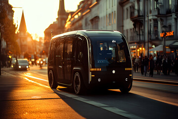 Fototapeta premium Autonomous Electric Shuttle Navigating City Streets at Sunset