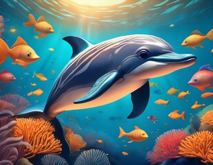 Fototapeta premium Cartoon dolphin surrounded by small sea fish