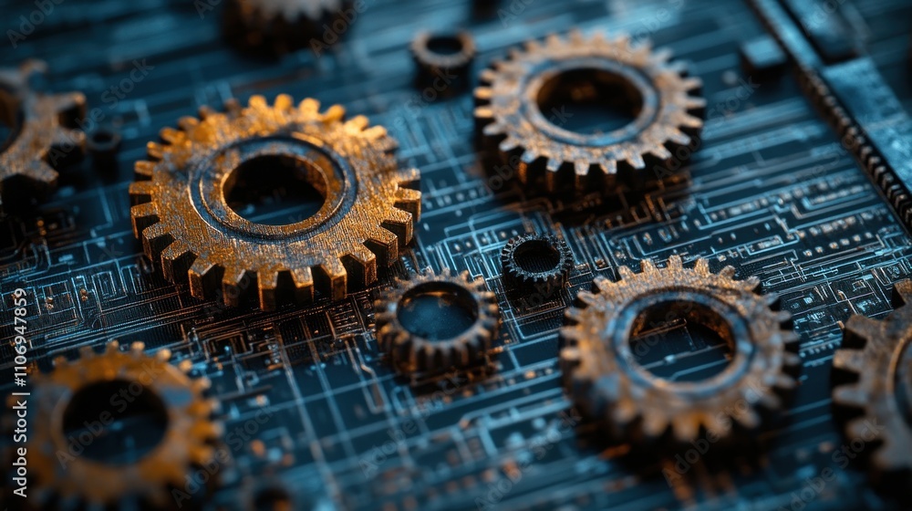 Aufkleber intricate gear system on circuit board: a visual representation of technology and innovation
