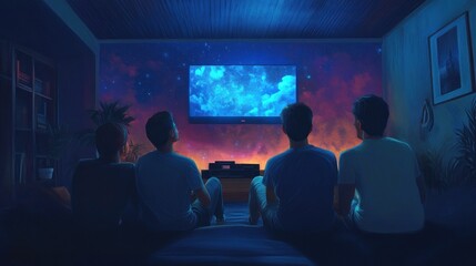 Four friends watch a cosmic scene on a large screen TV in a dimly lit room.