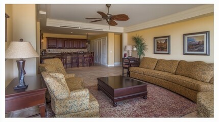 Living room interior with couch, coffee table, and ceiling fan