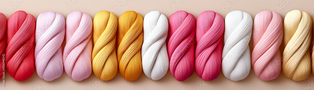 Poster abstract pastel fabric texture, row of twisted, soft, colorful threads arranged in gradient hues, cr