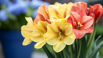 Fototapeta premium Vibrant Yellow and Coral Lilies in Full Bloom, Spring Flowers, Nature's Beauty, Close-up Photography