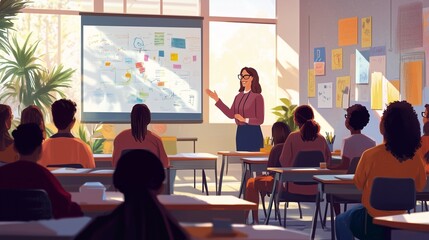Obraz premium A passionate teacher uses a digital whiteboard to engage a diverse group of college students.