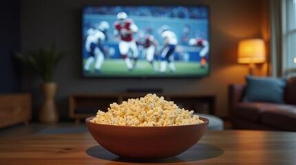 Bowl of popcorn in front of a TV showing a football game in a cozy living room