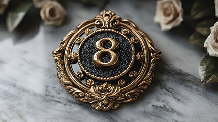 Naklejka premium Ornate Gold Frame with Number Eight, Elegant Black Centerpiece, Luxurious Decor on Marble Background