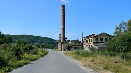 Fototapeta premium Rural Road Leading to Abandoned Industrial Complex with Tall Brick Chimney under a Clear Blue Sky