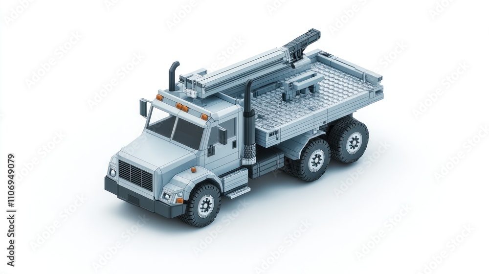 Poster a detailed model of a construction truck with a crane for lifting and transporting materials.