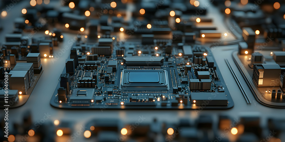 Poster abstract circuit board cityscape, illuminated microchip architecture glows mysteriously