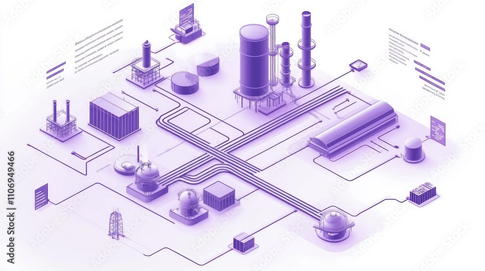 Fototapete A stylized industrial layout featuring various structures and pipelines in a purple theme.