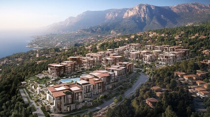 Obraz premium Aerial View of a Luxury Resort in a Mountainous Coastal Setting