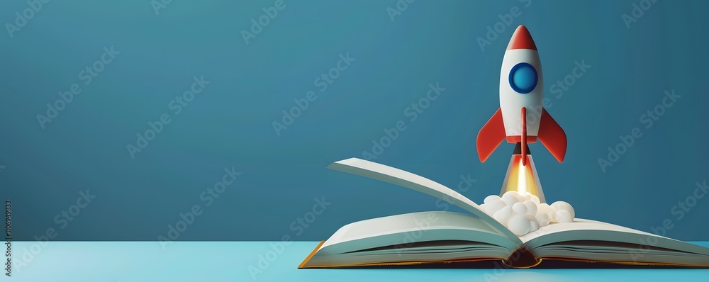 Poster rocket launching from an open book representing knowledge