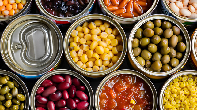 Overhead view of opened canned vegetables and legumes in metal containers