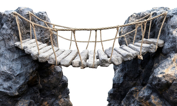 Fototapeta A rope bridge, adventurous theme, suspended between cliffs, earthy and rugged, isolated on white background 