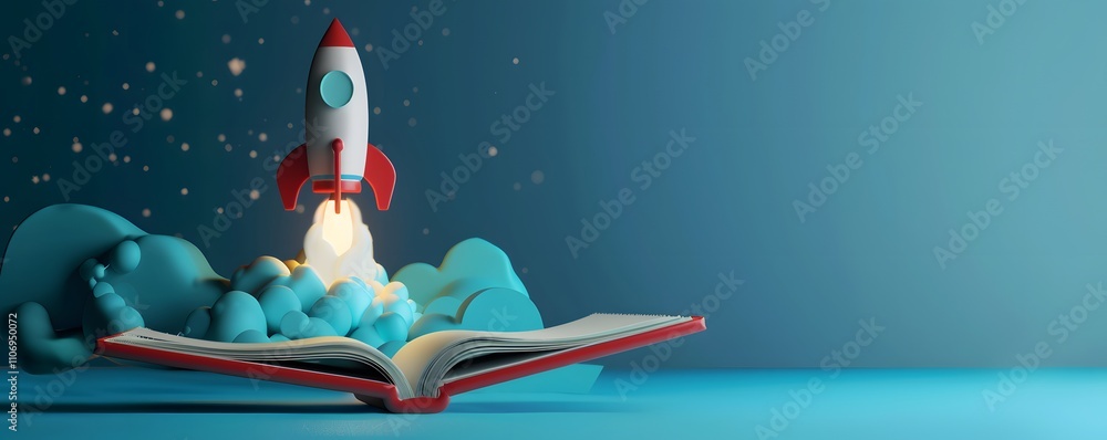 Poster a rocket launches from an open book representing knowledge and innovation