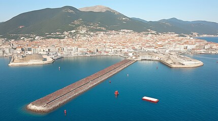 Aerial View of a Coastal Town with a Long Pier and a Hill in the Background
