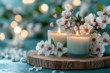 spa day inspiration, a peaceful spa layout with scented candles and flowers on a wooden tray against a calming blue backdrop, ideal for a womens day banner