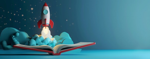 A Rocket Launches From An Open Book Representing Knowledge And Innovation