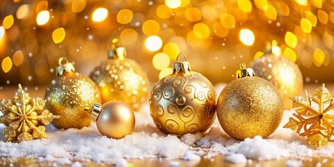 Golden Christmas Decorations with Shimmering Balls and Delicate Snowflakes Creating a Festive Atmosphere for Holiday Celebrations and Elegant Home Decor
