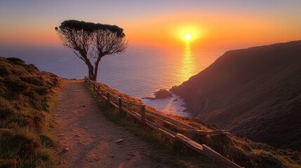 A Solitary Tree Silhouetted Against a Vibrant Sunset Over a Coastal Landscape