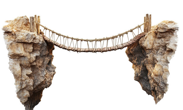 Fototapeta A rope bridge, adventurous theme, suspended between cliffs, earthy and rugged, isolated on white background 
