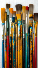 Fototapeta premium Vibrant Paintbrushes, A Colorful Collection of Well-Used Artist's Tools Arranged Vertically Against a White Background