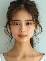 beautiful Chinese girl, dark brown hair pulled back tightly into a neat ponytail.