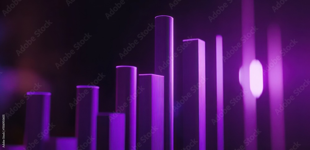 Poster abstract composition of vertical bars in purple lighting, suggesting data visualization or sound.