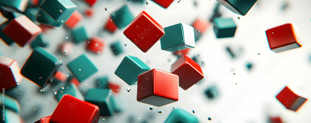 Poster abstract red and teal cubes falling dynamically in white space