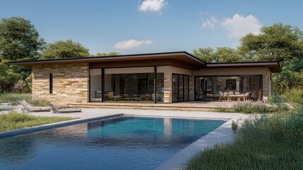 Fototapeta premium Modern, Single-Story House with Pool and Patio in a Wooded Setting
