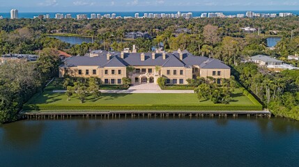 Fototapeta premium Aerial View of a Large Mansion on a Waterway