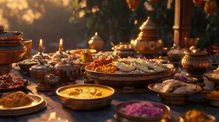 Naklejka premium Traditional Indian Food Platter with Various Dishes on Wooden Table