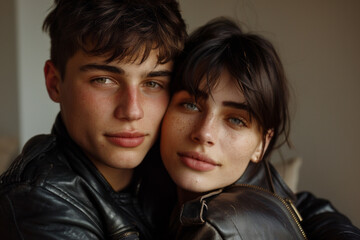 beautiful young guy with a girl with dark hair hugging close-up, a pair of lovers or brother and sister, background for Valentine's Day, stylish teenagers