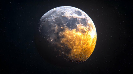 Obraz premium Celestial Orb, Golden Lunar Surface, Cratered Terrain, Illuminated in Space's Dark Embrace