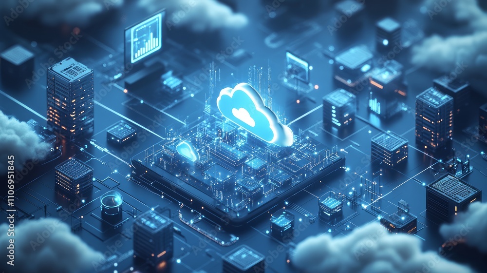 Poster futuristic cityscape with cloud computing data center.