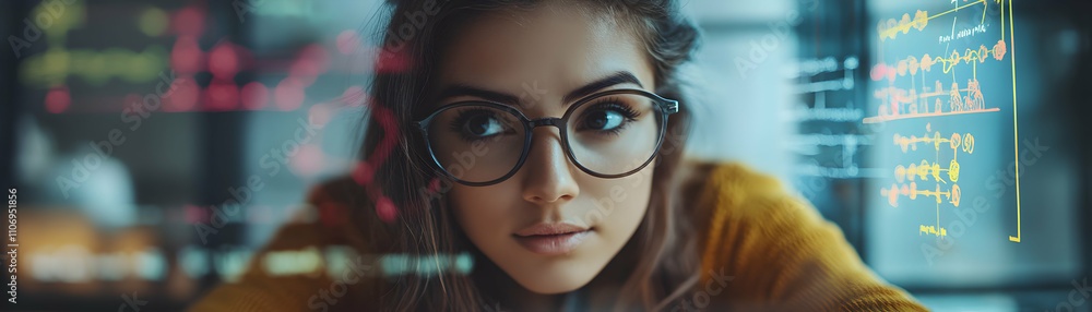 Poster woman with glasses studying data visualizations on screen; intrigued by complex charts & graphs, dee
