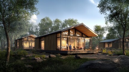 A Modern Cabin Nestled in a Forest Setting at Dusk