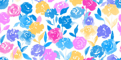 Seamless pattern with blue, pink, yellow roses. Watercolor flowers, leaves. Elegant  endless botanical print, wallpaper, background. Repeat fashion print for fabric, clothes.