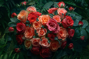 a beautiful bouquet of roses in the shape of a heart on a background of green leaves, a beautiful concept for Valentine's Day, holiday card