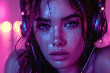 beautiful sexy girl DJ with plump sensual lips in headphones in neon lighting listening to music, modern model close-up