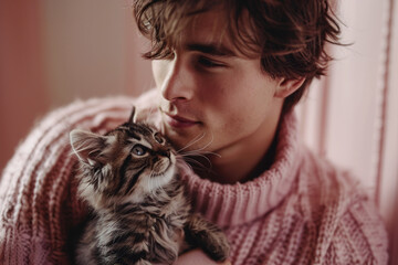 handsome young guy with curly hair in a pink sweater, male model holding a small kitten in his hands